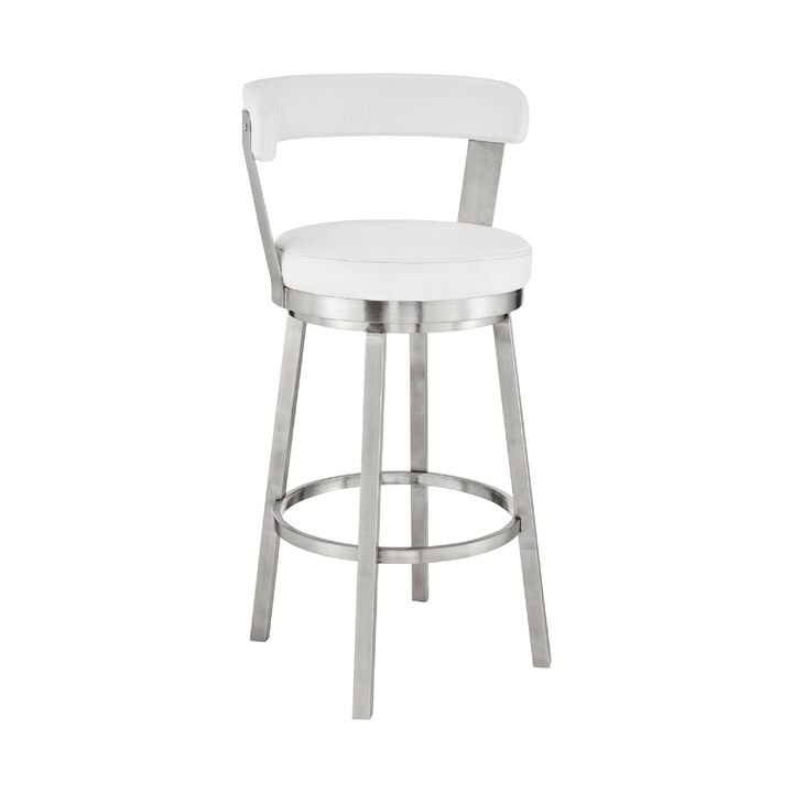 Swivel Counter Barstool with Curved Open Back and Metal Legs, White and Silver-Benzara