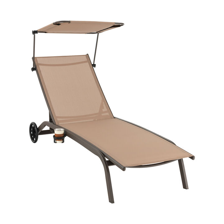 Patio Heavy-Duty Adjustable Chaise Lounge Chair with Canopy Cup holder and Wheels-Brown