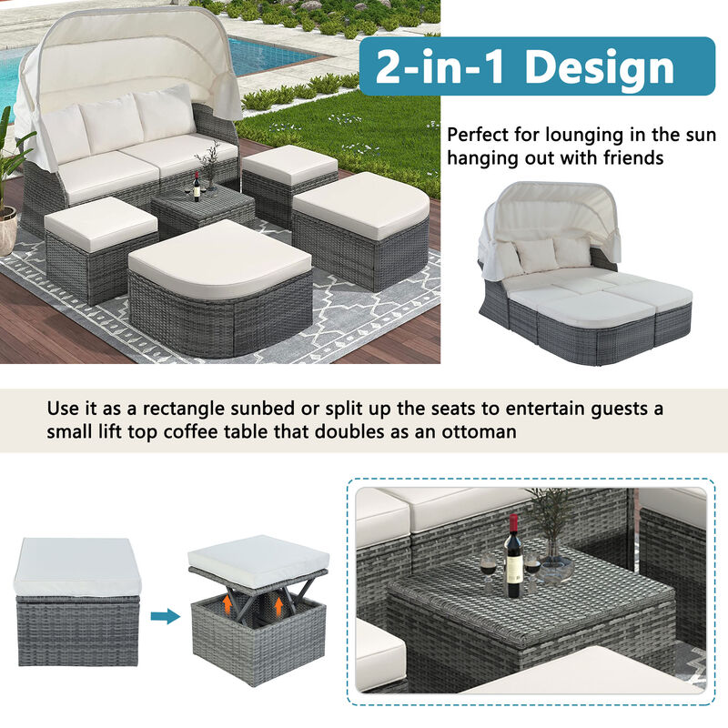 Merax Outdoor Patio Furniture Set Daybed Sunbed with Retractable Canopy Conversation Set Wicker Furniture