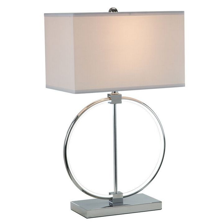 27 Inch Table Lamp, Rectangular Fabric Shade, Modern Silver Metal Base-Benzara