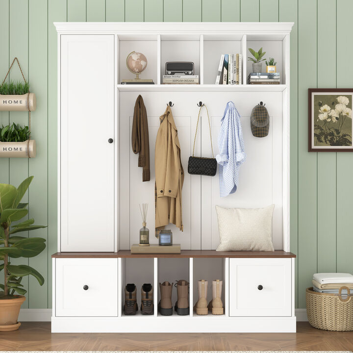 Merax 4-in-1 Entryway Organizer with Coat Hooks, 7 Open Cubbies, Storage Cabinet & Drawers