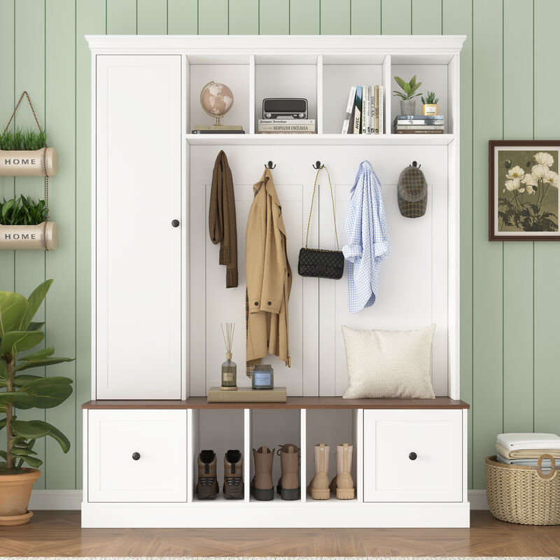 Merax 4-in-1 Entryway Organizer with Coat Hooks, 7 Open Cubbies, Storage Cabinet & Drawers image number 1