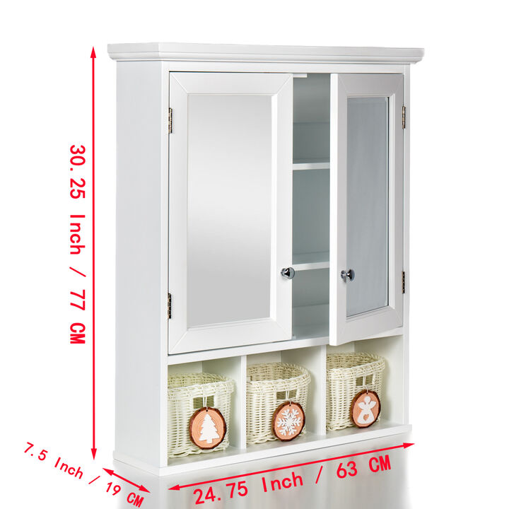 Bathroom Storage Cabinet, Medicine Cabinets for Bathroom with Mirror, 2 Doors 4 Adjustable Shelf + 3 Christmas Style Storage Basket, White Wood Cabinet Wall Mounted for Bathroom Laundry Room Kitchen