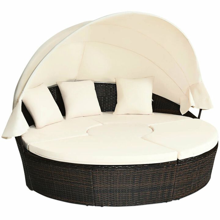 Mondawe Patio Round Rattan Daybed with Retractable Canopy and Height Adjustable Coffee Table