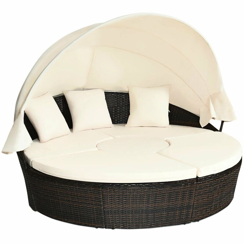 Mondawe Patio Round Rattan Daybed with Retractable Canopy and Height Adjustable Coffee Table