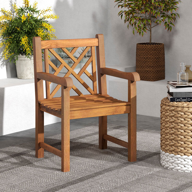 Wood Patio Dining Chair with Slatted Seat Cross-Rhombus Backrest and Solid Legs image number 2