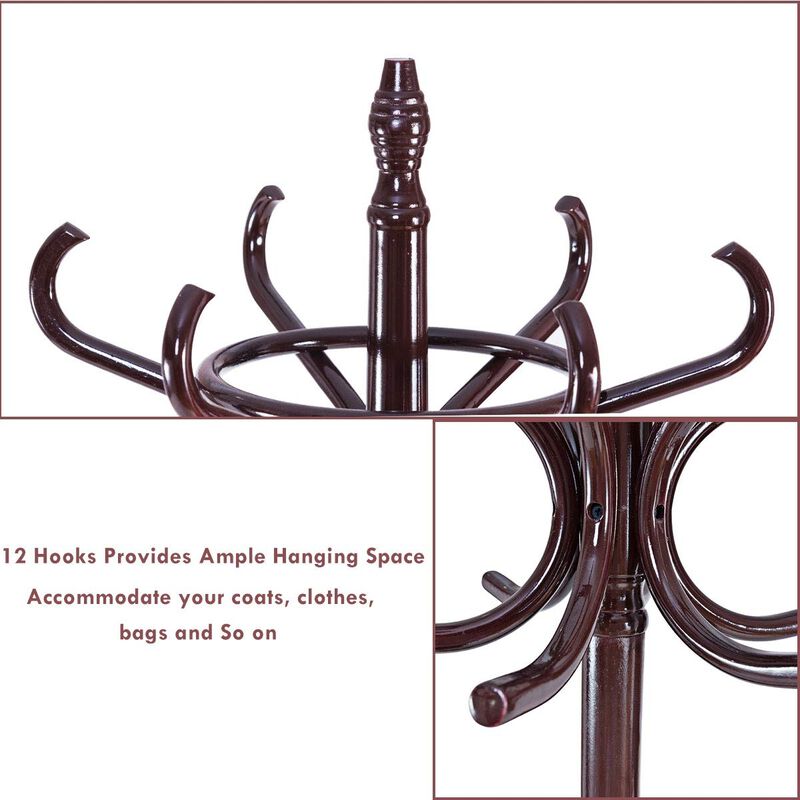 Freestanding Wooden Coat Rack with 12 Hooks and Built-In Umbrella Stand