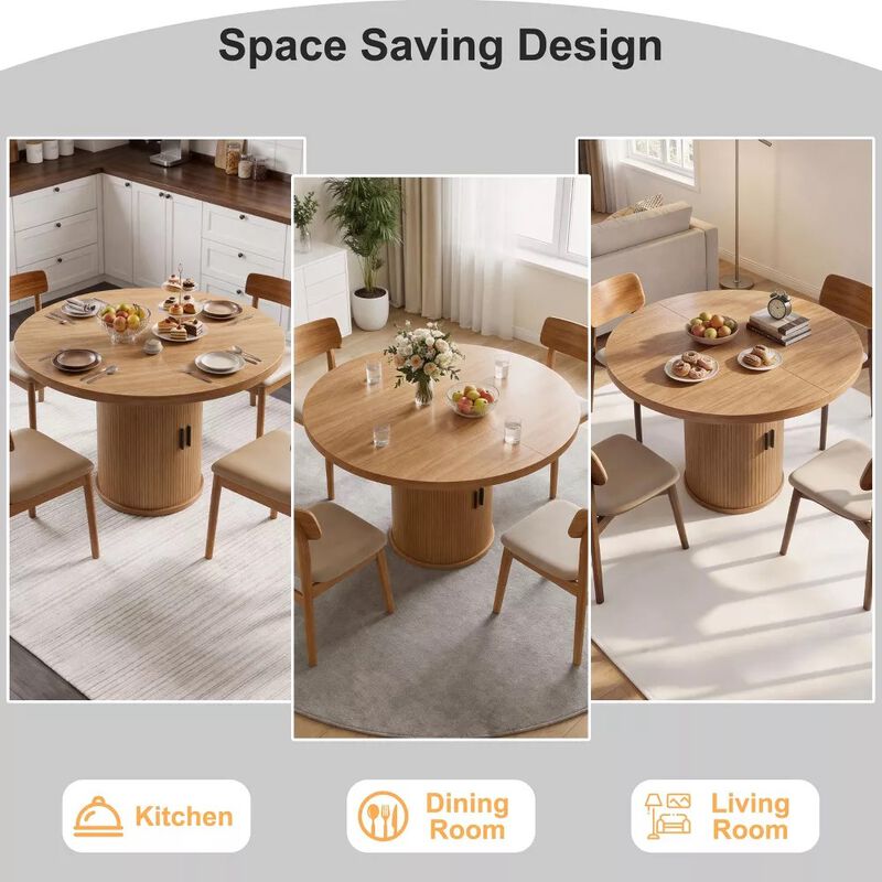 Vipbear 35.43" Round Dining Table for 4, Modern Wooden Kitchen Table with Built-in Storage Shelves image number 6