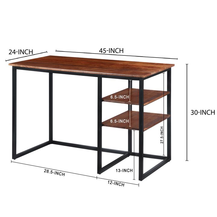 45 Inch Tubular Metal Frame Desk with Wooden Top and 2 Side Shelves, Brown and Black-Benzara