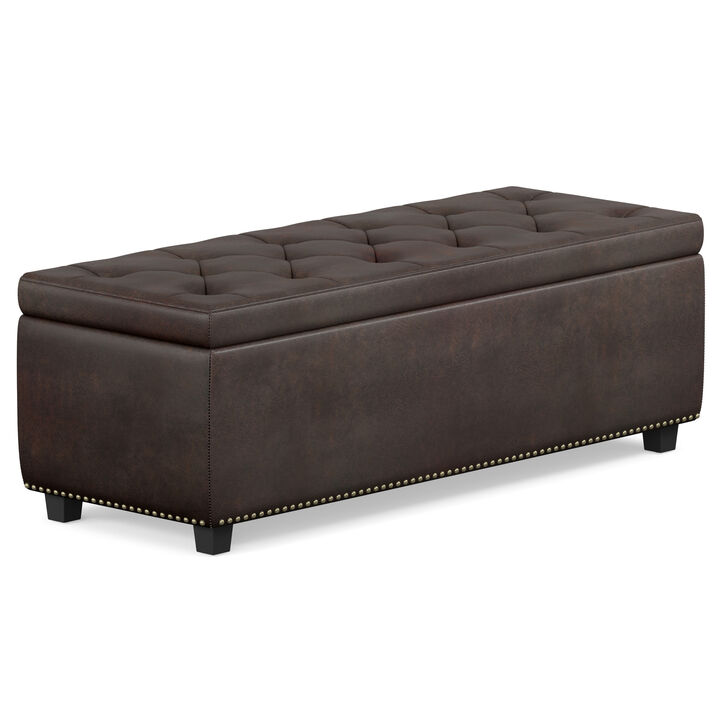 Hamilton 48 inch Wide Transitional Rectangle Storage Ottoman in Distressed Brown Vegan Faux Leather, Assembled