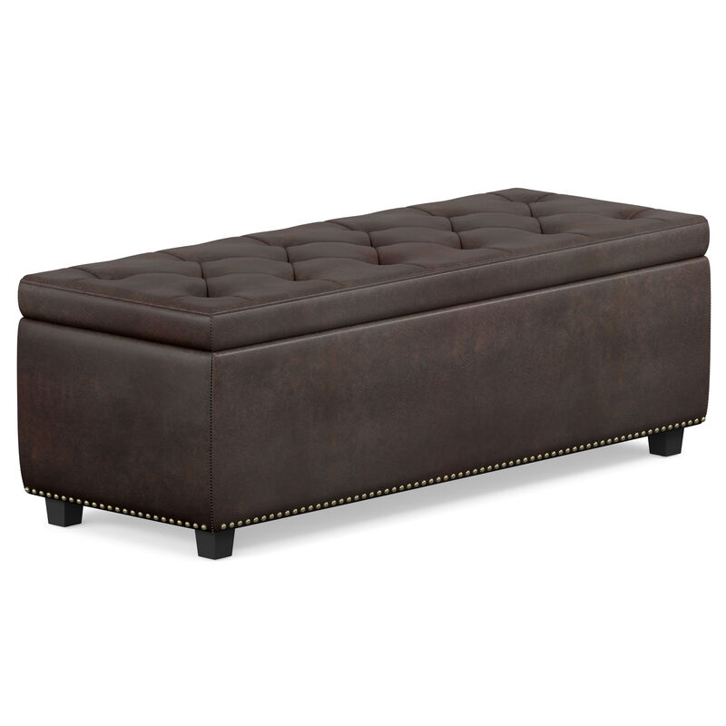 Hamilton 48 inch Wide Transitional Rectangle Storage Ottoman in Distressed Brown Vegan Faux Leather, Assembled image number 0