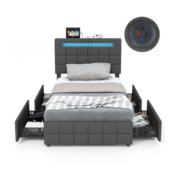 Upholstered LED Bed Frame with Headboard and 4 Drawers