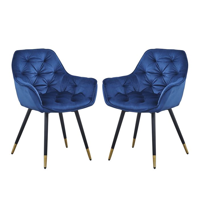 Alix 25 Inch Modern Dining Chair, Button Tufted, Set of 2, Blue, Black-Benzara