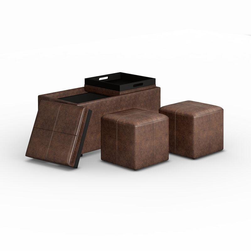 Avalon 5 Piece Storage Ottoman in Distressed Chestnut Brown Faux Leather
