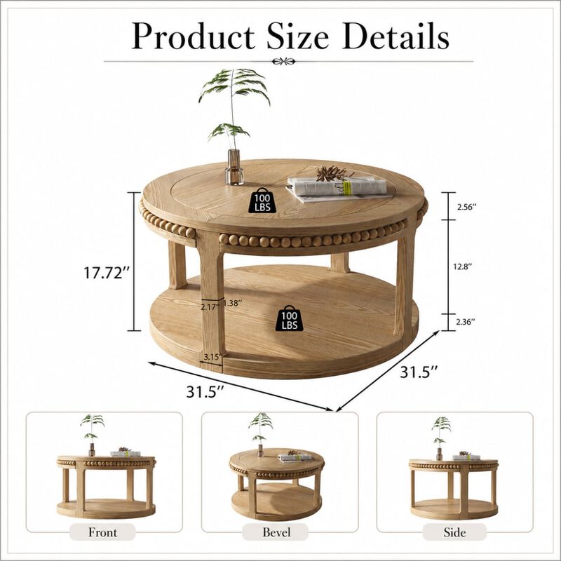 GOODSILO 31.5 Inch Two-Tier Round Solid Wood Coffee Table and Sofa Table Sturdy Thickened Top Heavy-Duty Circle Accent Table for Living Room Lounge and Sofa Areas image number 1