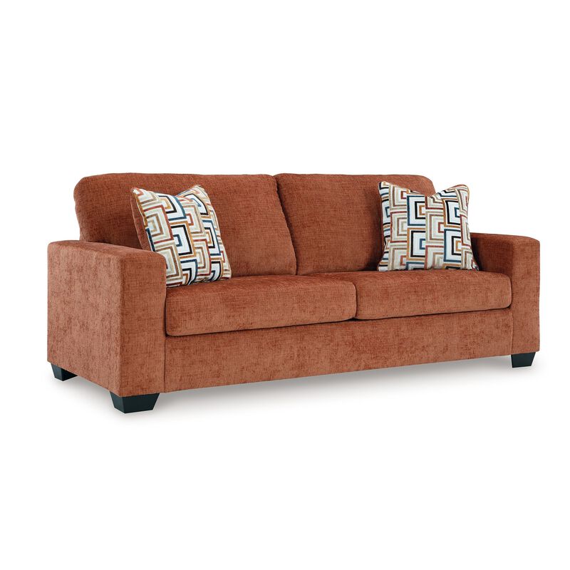 Avie Sofa, 2 Accent Pillows, 85 Inch, Soft Burnt Orange Polyester