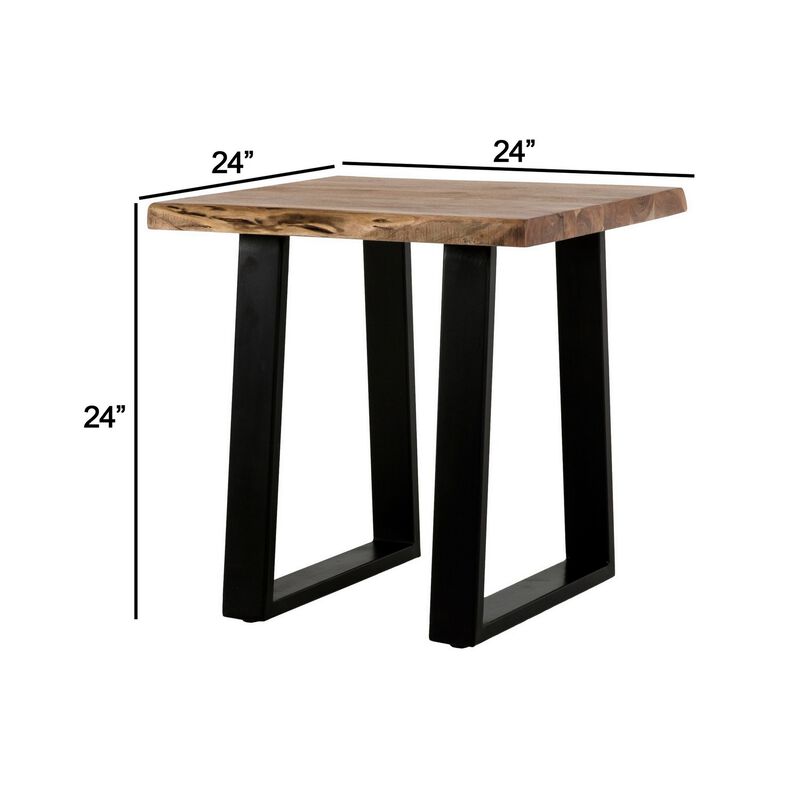 24 Inch End Table, Rustic Style, Brown Acacia Wood Top, Tall Metal Base-Benzara
