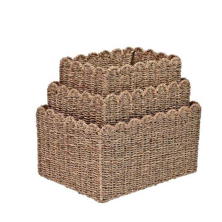 Arden Coastal Cottage Seagrass Scalloped Rectangular Organizing Storage Baskets