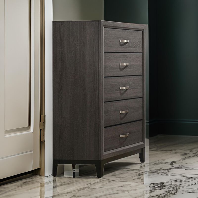 Erica Tall Dresser Chest, 5 Drawers, Gray Wood Finish, Metal Handles - Benzara