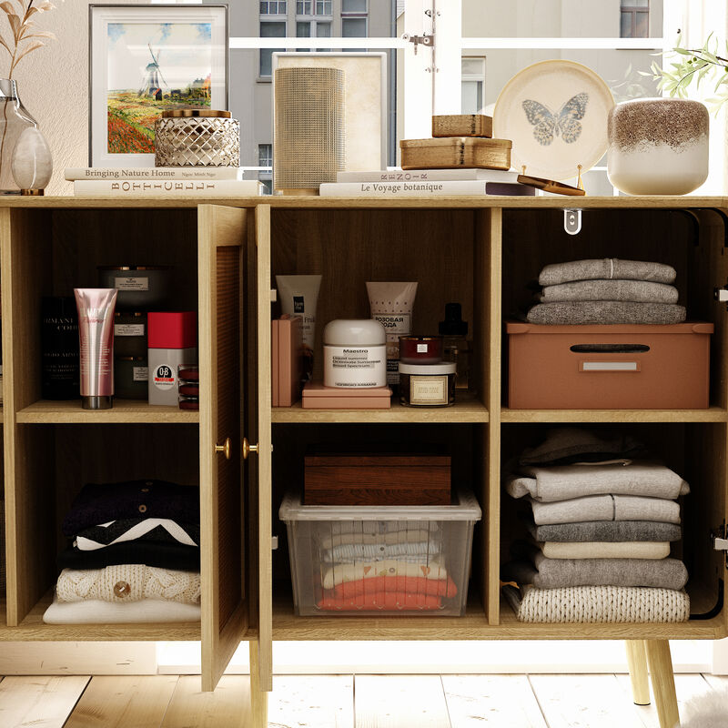 FUFU&GAGA Rattan Wardrobe, Modern Closet with 4 Doors, Gold Handles & Solid Wood Legs, Bedroom Storage Cabinet for Clothes & Accessories (55.1" W x 32.1" H x 13.9" D), Natural Wood