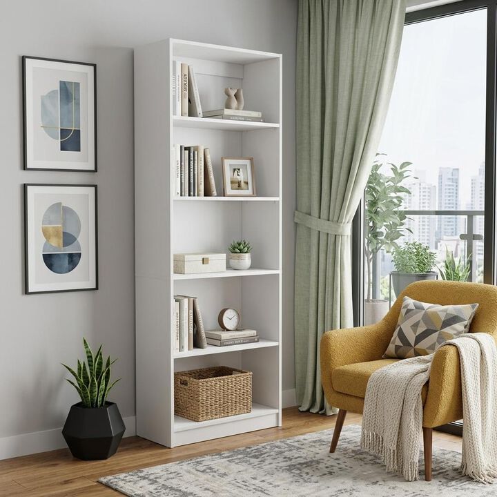 HomeRoots 71" White Wood Five Tier Bookcase