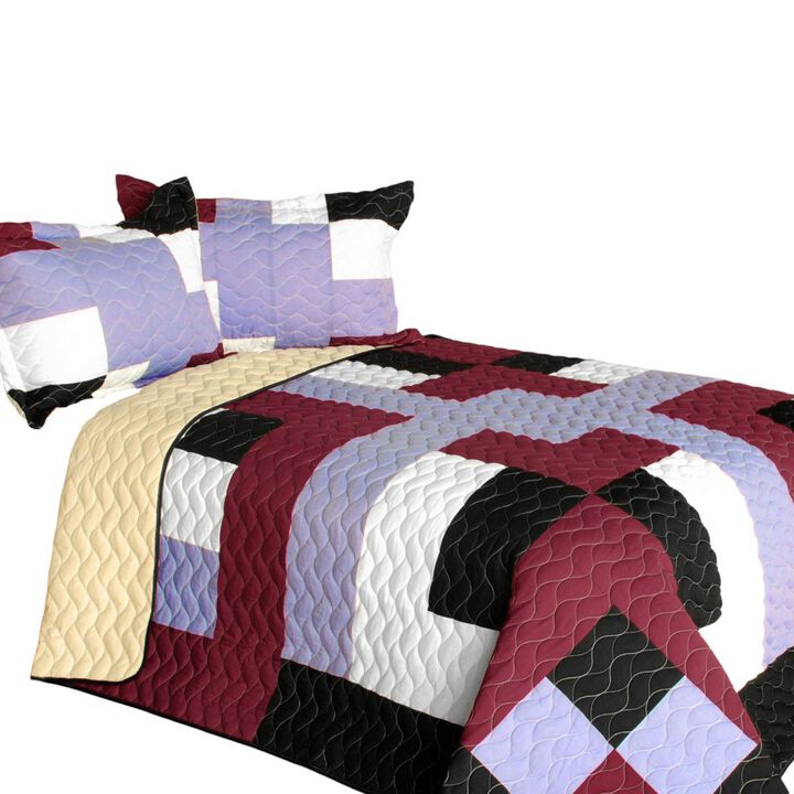 3 Piece Queen Size Patchwork Quilt Set with Vermicelli Quilting, Machine Washable-Multicolor