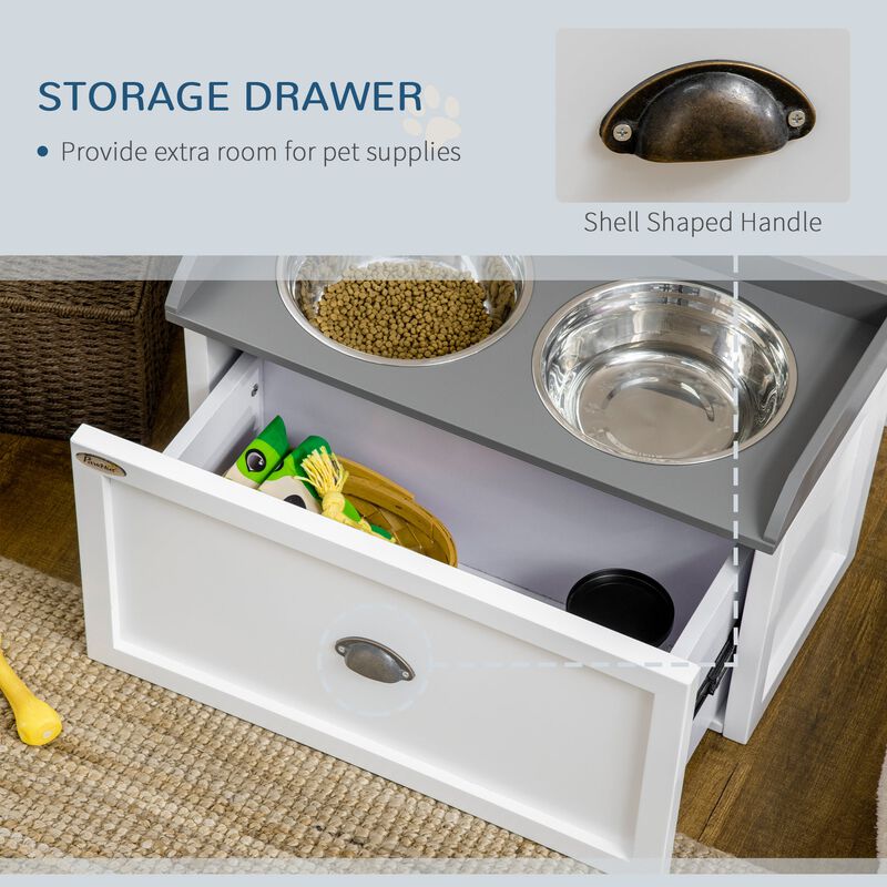 White Pet Feeder: Raised Dish Set with Storage Drawer & Steel Bowls
