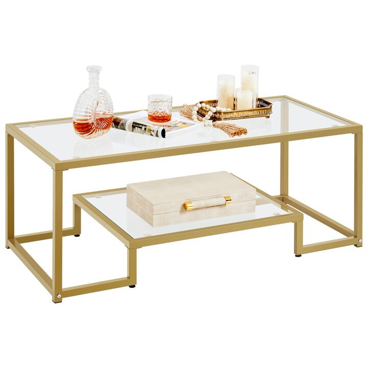 Yaheetech Gold Coffee Table, 42"" Rectangular Glass Coffee Table for Living Room, 2-Tier Center Tea Table with Metal Frame for S