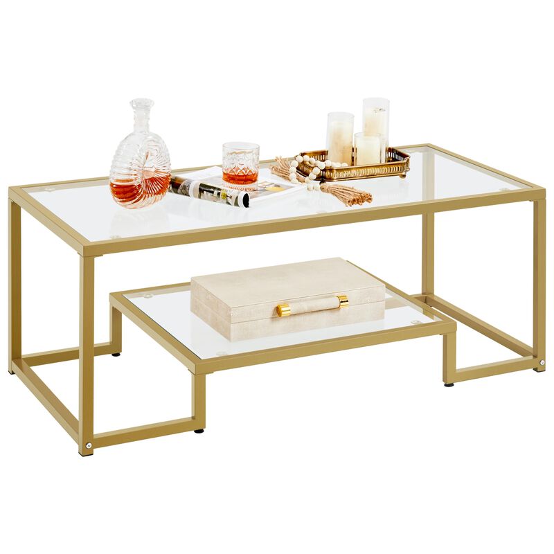 Yaheetech Gold Coffee Table, 42"" Rectangular Glass Coffee Table for Living Room, 2-Tier Center Tea Table with Metal Frame for S