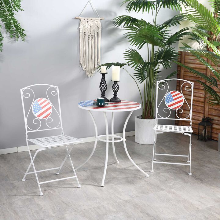 3 Piece Patio Bistro Set with Coffee Table and 2 Folding Chairs, Mosaic American Flag Tabletop and Backs, for Garden, Balcony, White