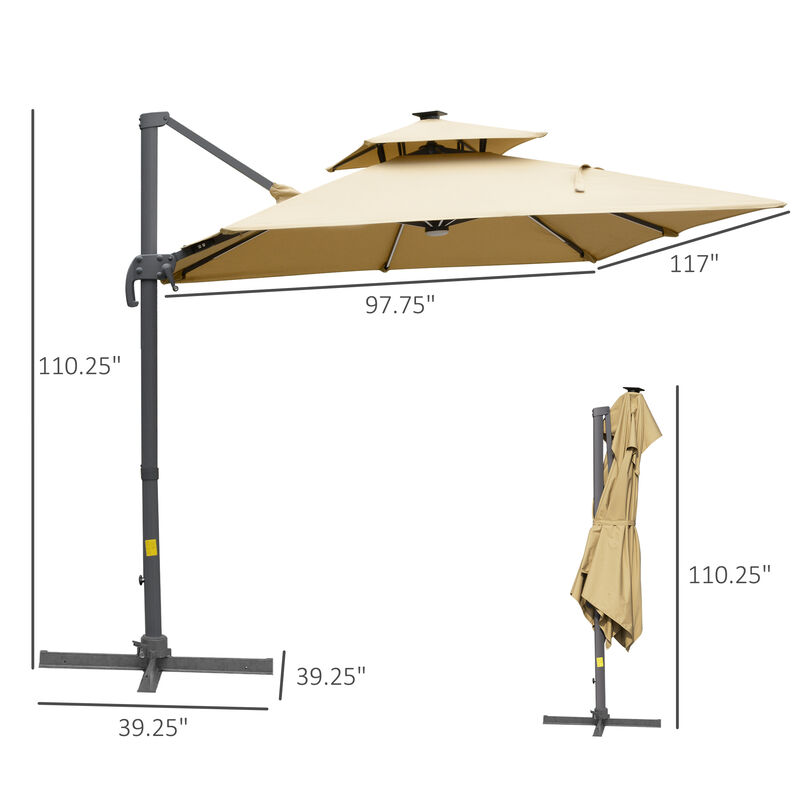 10ft Solar LED Cantilever Umbrella w/ Cross Base Tilt and Crank Khaki