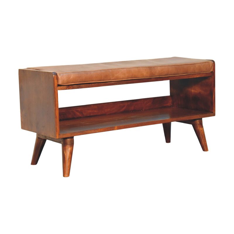 Artisan Furniture Chestnut Bench with Brown Leather  Solid Wood Seatpad