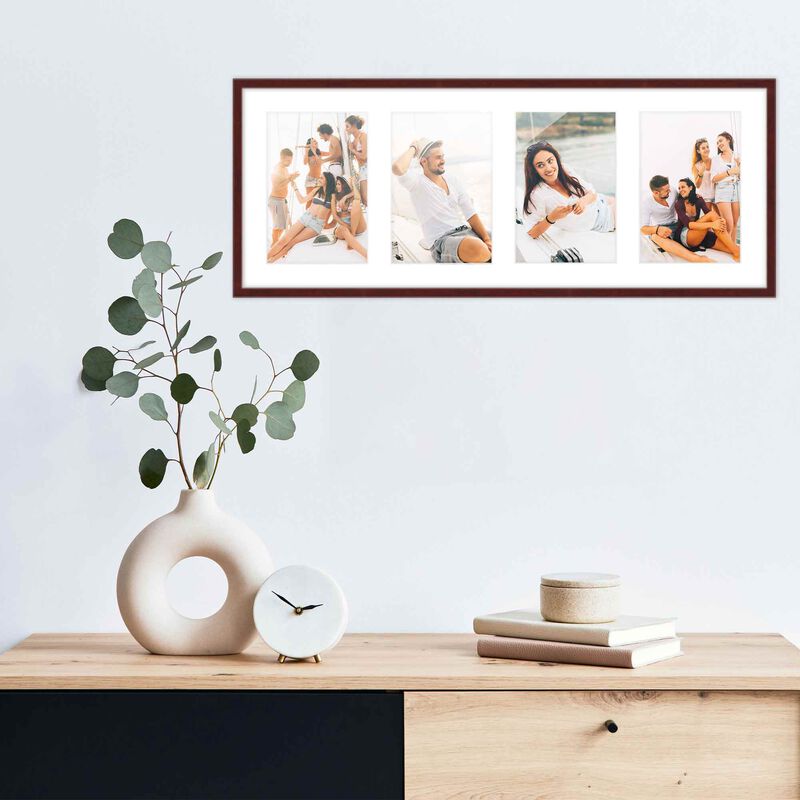 7.5x19 Wood Collage Frame with White Mat For 4 4x6 Pictures