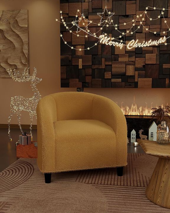 Modern Barrel Accent Chair, Soft Padded Round Armchair in Suede & Boucle Fabric, Ideal for Living Room, Bedroom and Lounge