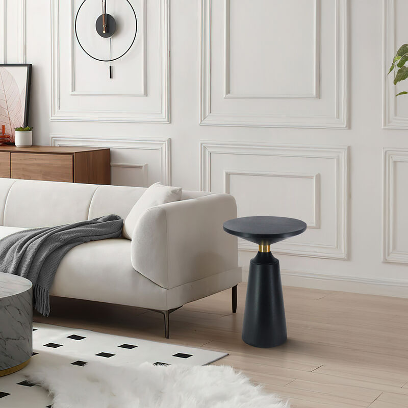 Fawn 20 Inch Side End Table, Black Mango Wood Round Top with Pedestal Base, Shiny Brass Support image number 2