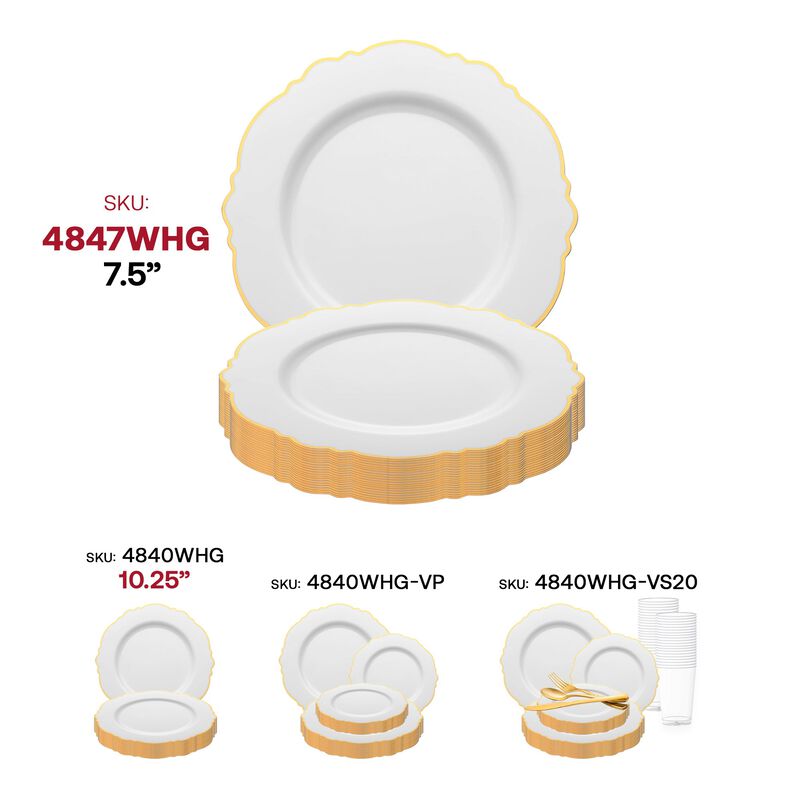 7.5" White with Gold Rim Round Blossom Plastic Salad Plates (120 Plates) image number 5