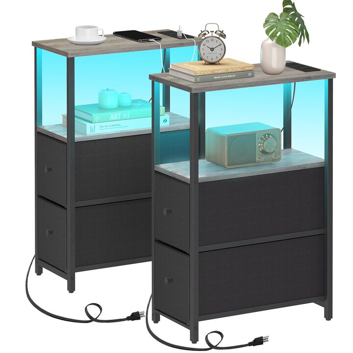TUTOTAK Small Narrow LED End Table with Charging Station, Side Table Outlets, Nightstand with 2 Cloth Drawers, Set of 2, Couch T