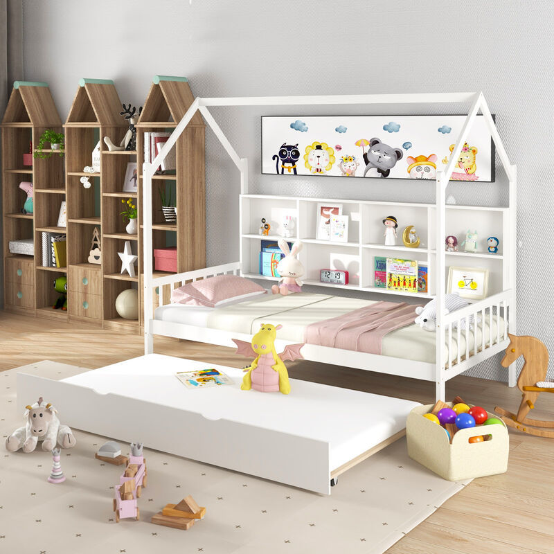 Kids Daybed with Montessori Style &ndash; Roof and Built-In Shelf Compartments for Storage