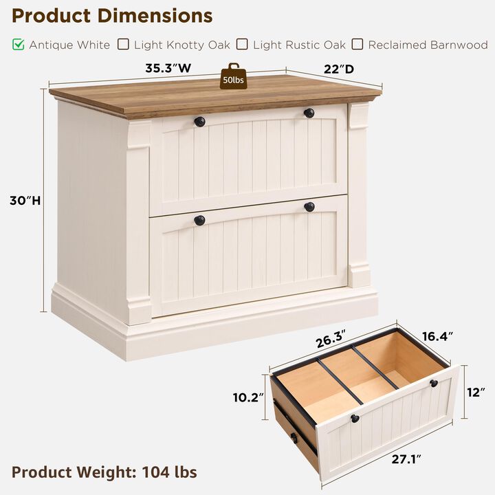Rustic 2-Drawer Lateral File Cabinet, Wood Grain, Hanging Rails,35.3"