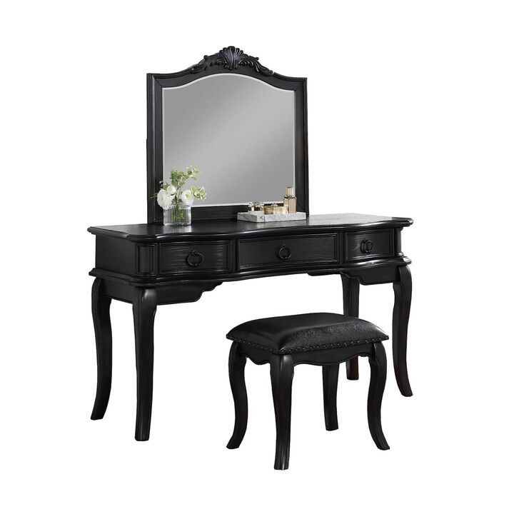 Contemporary Black Color Vanity Set w Stool Retro Style Drawers cabriole-tapered legs Mirror w floral crown molding Bedroom Furniture
