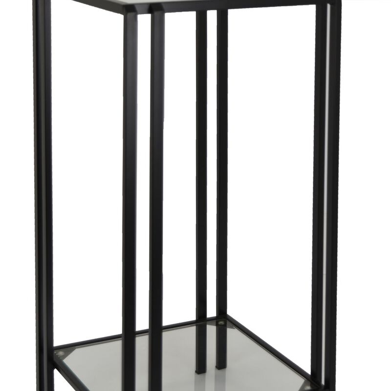 Buckley Plant Stand Table, Black Metal, Square Mirrored Top, 28 Inch - Benzara