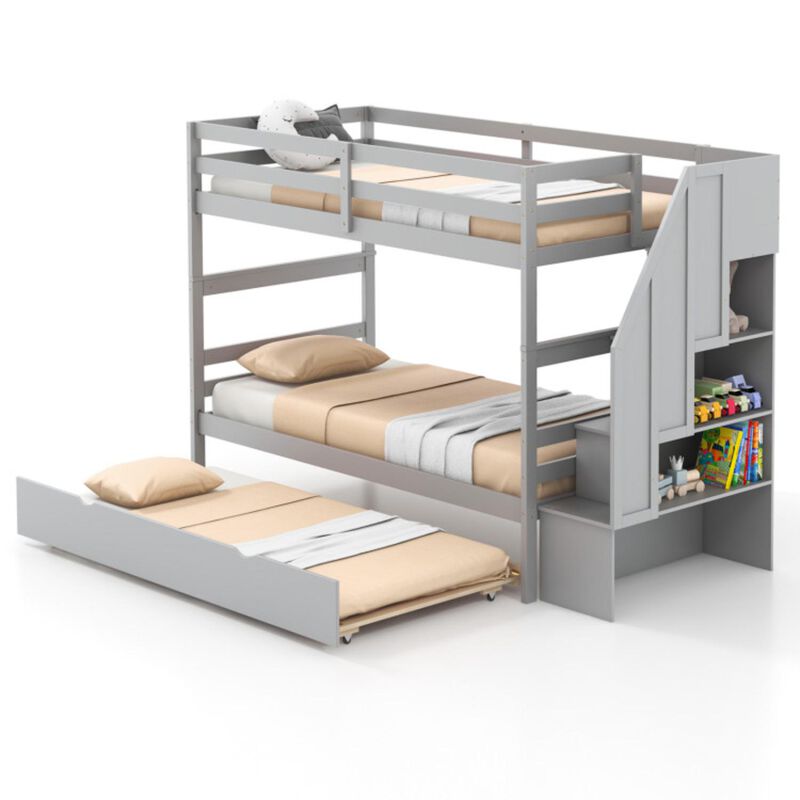 Hivvago Home Wood Bunk Bed with Guard Rail and 4-step Storage Stairs No Box Spring Needed
