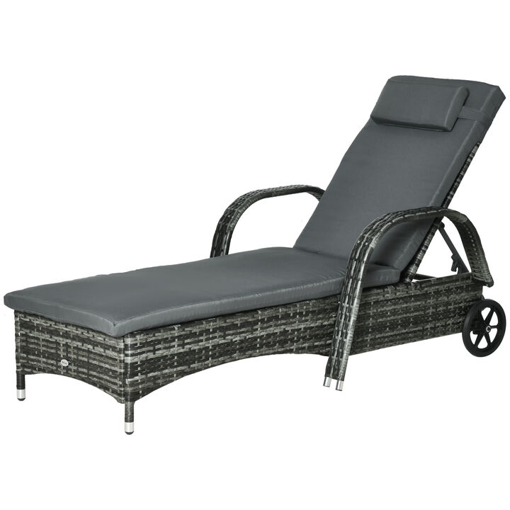 Outsunny Reclining Chaise Lounge Chair, Thickly Cushioned, Headrest, Armrests, Rolling Outdoor Plastic Rattan Sun Bathing Chair with Wheels for Poolside, Pool, Patio, Mixed Gray
