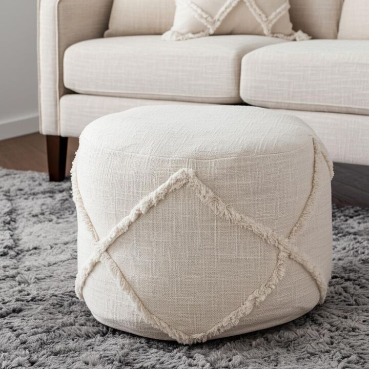 Hivvago 18 Inch Cream Cotton Cylinder Geometric Pouf Ottoman