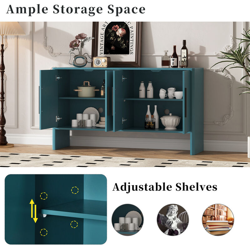 Clihome Sideboard Buffet Cabinet with Storage, Retro Sideboard Cabinet with Adjustable Shelves and Long Handles, 4-Door Wood Sideboard for Kitchen, Dining Room and Living Room (Antique Blue)