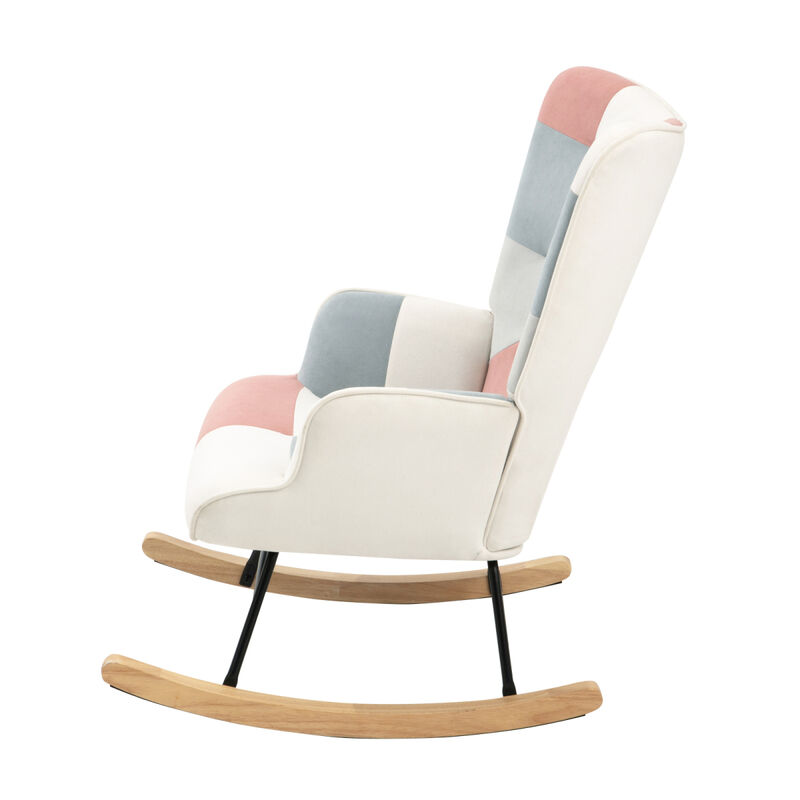 Rocking Chair, Mid Century Fabric Rocker Chair with Wood Legs and Patchwork Linen for Living Room Bedroom