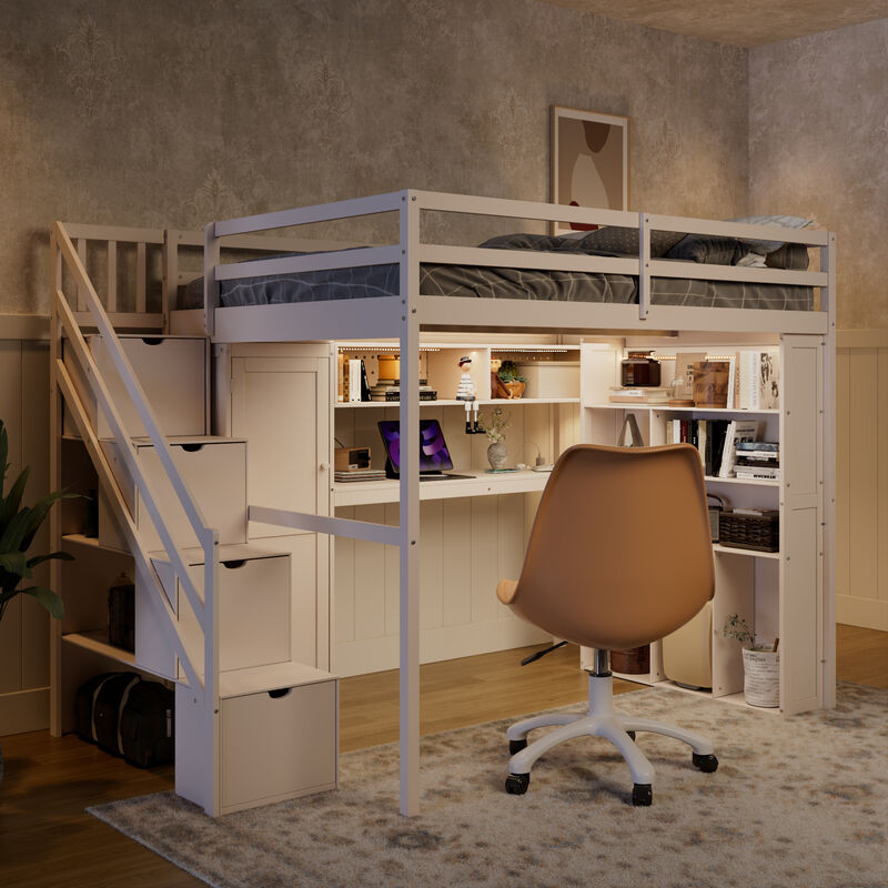 Merax Full Size All-in-One Loft Bed with Wardrobe, Desk & LED Lights image number 2