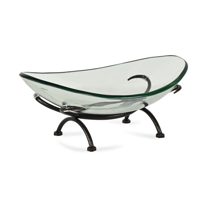 HomeRoots 17" Clear And Black Glass And Metal Oval Decorative Bowl With Stand
