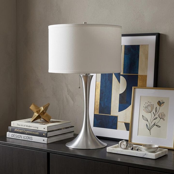 HomeRoots 28" Silver Metal Bedside Table Lamp With White Shade