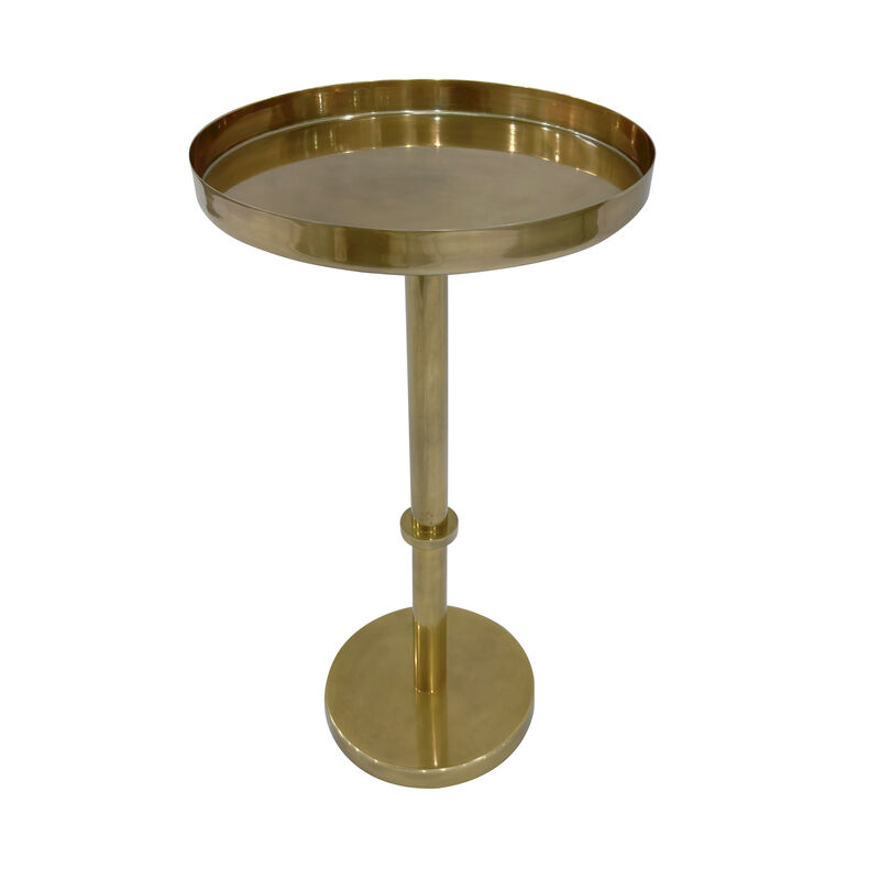 Ara 22 Inch Side End Table, Vintage Sleek Pillar Base, Round Tray Top, Oxidized Antique Brass
